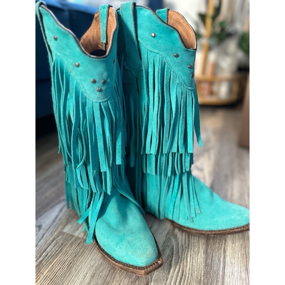 REAL Leather Tanner Mark Turquoise Fringe Cowgirl Boots sz 7